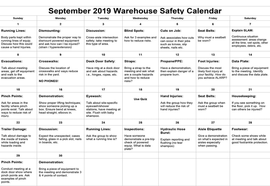 September 2019 Warehouse Safety Calendar